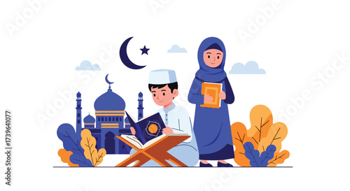 Children Learning Quran and Islamic Culture with Mosque Background Illustration