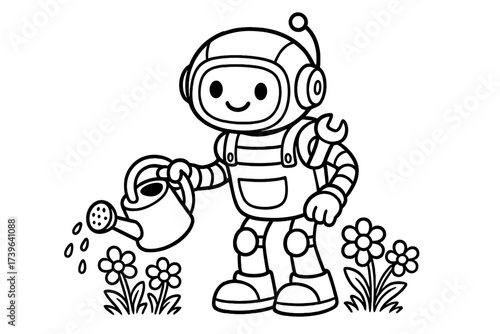 Robot Gardener Coloring Page. Robots & Gadgets coloring page: robot gardener watering flowers, spanner in pocket, black and white