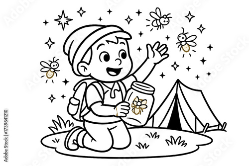 Boy Catches Fireflies. Camping coloring page: boy catching fireflies in jar at night, glowing insects and stars above, black and