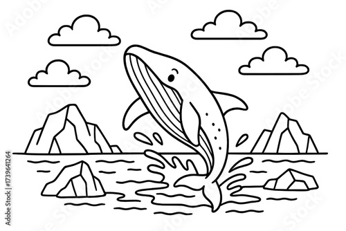 Whale's Icy Leap. Icy scene coloring page: whale leaping from frozen sea, icebergs around, clouds in sky, black and white vector