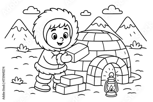 Eskimo Child Igloo Building. Frozen lands coloring page: Eskimo child building igloo with snow blocks, lantern glowing, black and