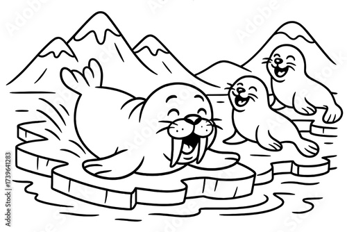 Arctic Animal Playtime. Arctic fun coloring page: baby walrus sliding on belly over ice, laughing seals nearby, black and white