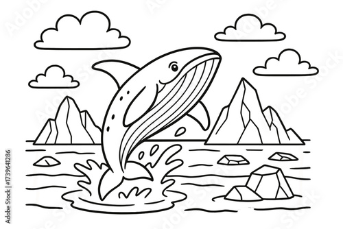 Whale's Icy Leap. Icy scene coloring page: whale leaping from frozen sea, icebergs around, clouds in sky, black and white vector