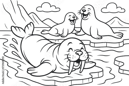 Arctic Animal Playtime. Arctic fun coloring page: baby walrus sliding on belly over ice, laughing seals nearby, black and white