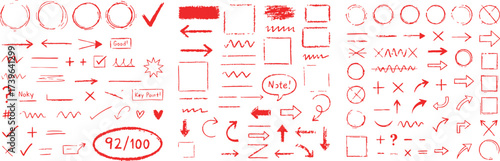 Hand drawn doodle red pen annotation set with circles, arrows, underlines, cross marks on white background, UI Markup Arrows and Circles, Proofreading and Editing, Sketch Annotation Elements, 