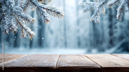 Fototapeta Naklejka Na Ścianę i Meble -  Rustic wooden table in snowy forest background with pine branches and falling snow, winter nature scene for Christmas, product display, or holiday design