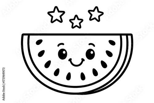 Smiling Watermelon Slice. Sweet snack coloring page: slice of watermelon with seeds, smiling face, stars above, black and white