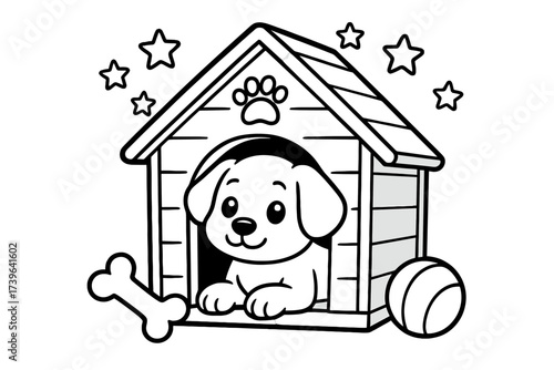 Puppy's Cozy Retreat. Cozy doghouse coloring page: puppy inside kennel, bone and ball outside, stars above, black and white vector