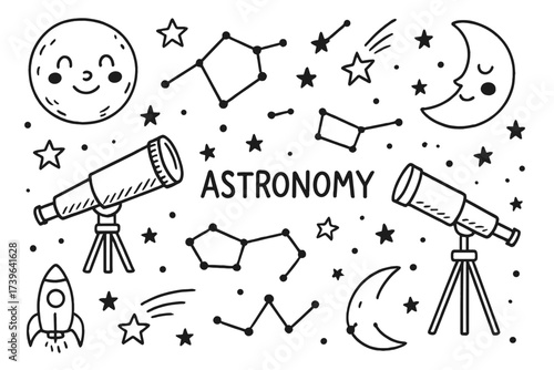 Doodle Astronomy Art. Doodle astronomy with telescopes, constellations, and happy moons in black and white isolated transparent