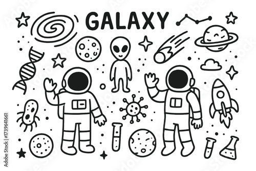 Astronauts in Doodle Galaxy. Doodle galaxy science with astronauts, DNA, and alien microbes in black and white isolated