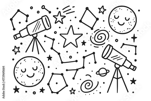 Doodle Astronomy Art. Doodle astronomy with telescopes, constellations, and happy moons in black and white isolated transparent