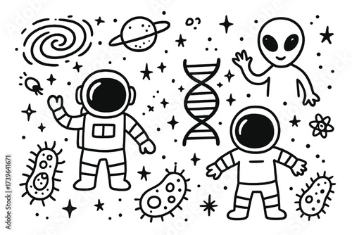 Astronauts in Doodle Galaxy. Doodle galaxy science with astronauts, DNA, and alien microbes in black and white isolated
