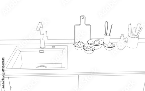 A kitchen interior with black and white contour illustration. The scene includes a sink, tap, bowls of food, a chopping board, and a jug on the countertop.