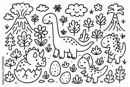 Doodle Dino Sanctuary. Creative doodle dino forest with hatching eggs, smiling plants, and volcanoes in black and white isolated