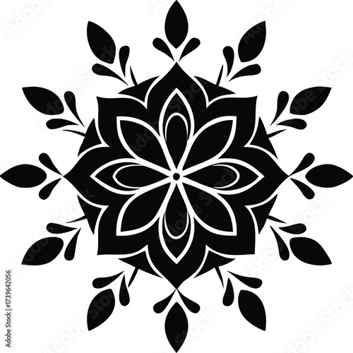 Intricate black snowflake mandala design with floral accents