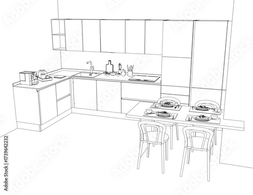 A kitchen interior sketch in contour style features a dining table with chairs, sink and tap, stove with plates and bowls, and various countertop objects.