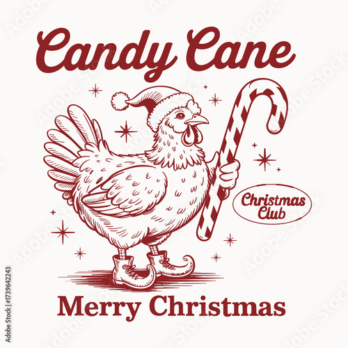 candy cane chicken merry christmas tshirt design festive holiday farm animal artwork funny santa hat retro winter style