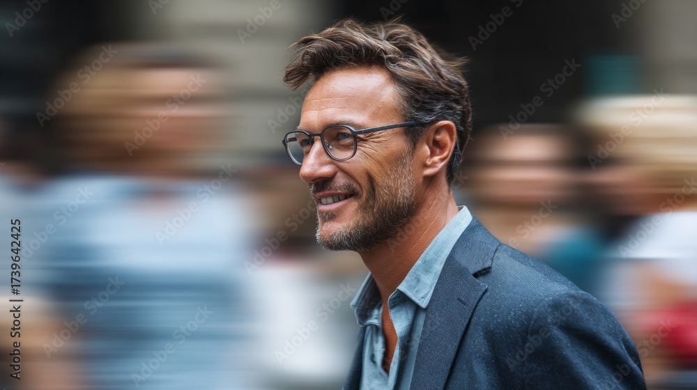 Obraz premium Man walking down street, smiling.