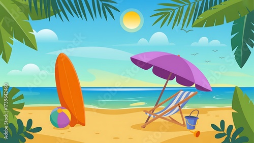 Tropical Beach Scene With Surfboard And Beach Chair