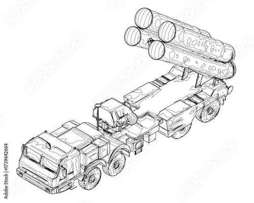A black and white contour drawing of a military missile launcher truck with intricate lines and curves. The missile is mounted on the vehicle's top against a plain white background.