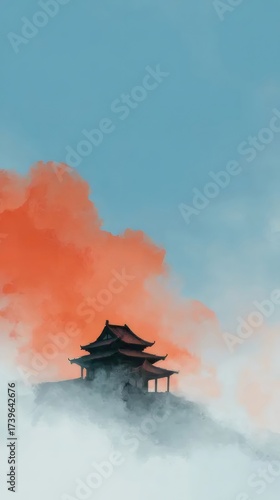 Japanese Pagoda Silhouette Red Clouds Blue Sky