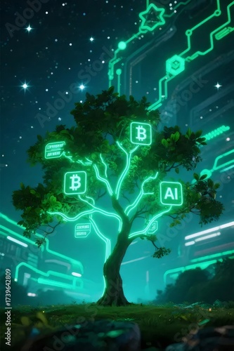Green Tree With Neon Glowing Symbols on Grass