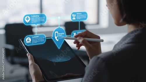 Marketing strategist designing a customer journey automation workflow with an AI agent. Sales funnel and technology concept.