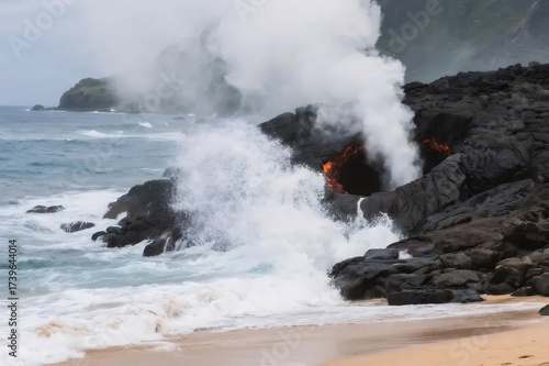 Lava Flowing into Ocean with Waves in Hawaii