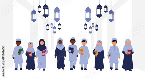 Diverse Muslim Children Holding Books Learning Together Under Lanterns