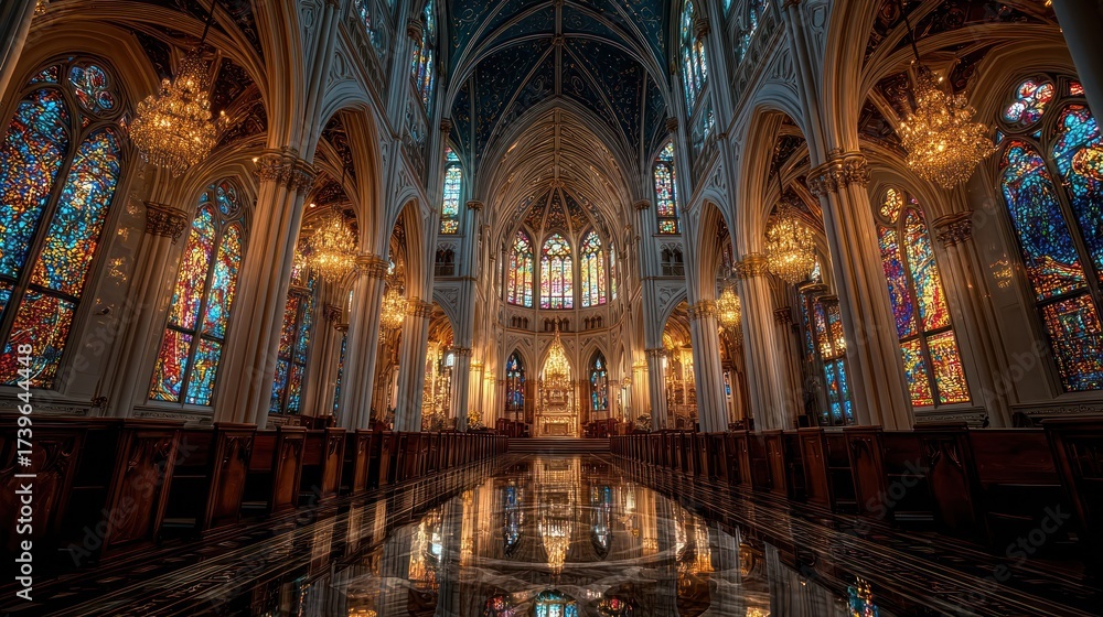 Fototapeta premium Stunning interior shot of a grand historic cathedral with intricate stained glass high vaulted ceilings ornate chandeliers and polished marble floors