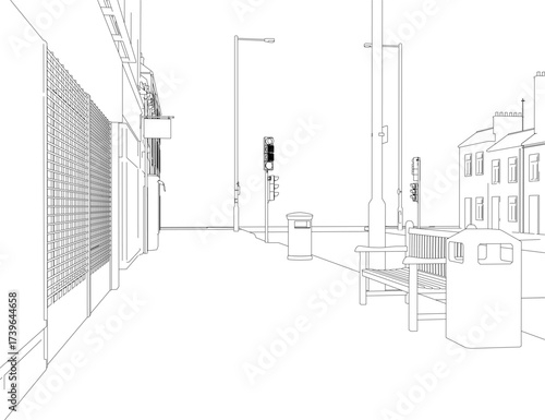 A black and white contour drawing of a town street features buildings, traffic signals, benches, and dustbins.