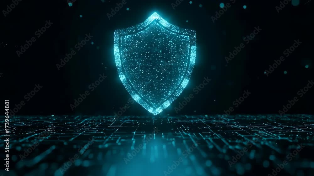 Glowing cyber security shield floating above circuit board illustrates ...