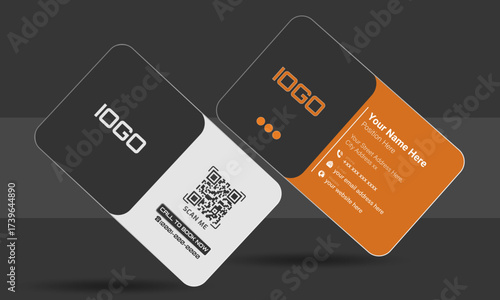 Modern Black and Orange Business Card Template,Professional Corporate Business Card Design, Minimalist Branding Identity Card Layout, Stylish QR Code Visiting Card Design, Business Card Design