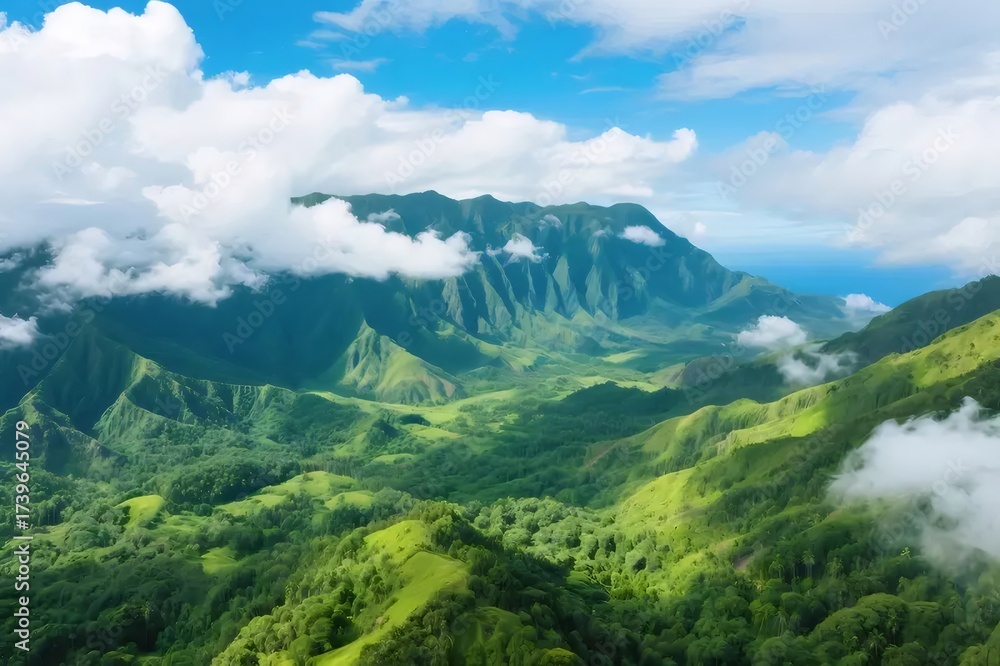 Naklejka premium Lush Green Mountain Range Under Cloudy Blue Sky
