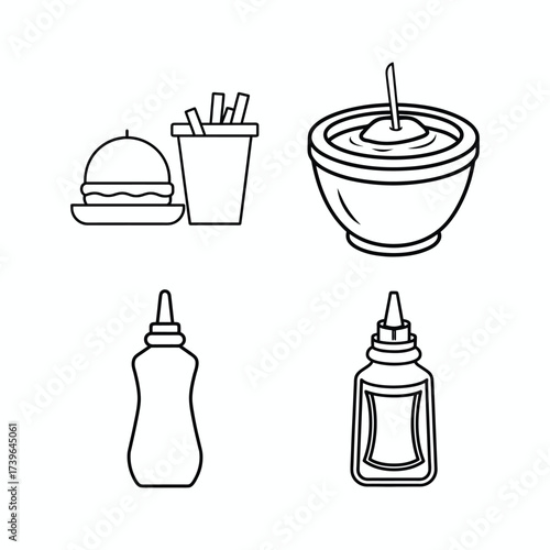 Set of Simple line icons of fast food items and condiment bottles for design