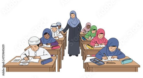 Diverse Muslim Students Learning in a Classroom with Teacher Illustrative Vector Art for Education and Culture