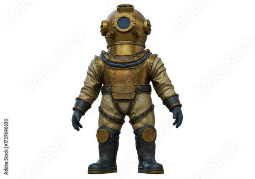 Antique diving suit PNG isolated on transparent background, vintage deep sea diver costume for steampunk and historical themes