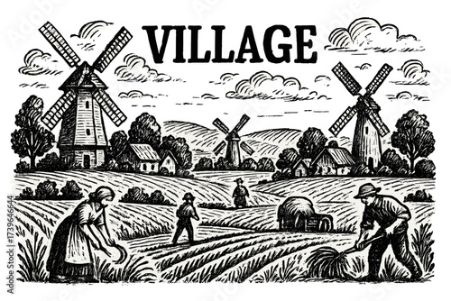Village Windmills and Fields. Creative village scene with windmills, fields, and farmers, center word “Village” in black and white