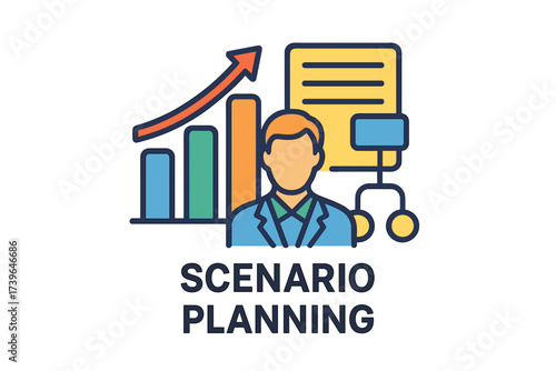 Business scenario planning concept with businessman and growth chart illustration  