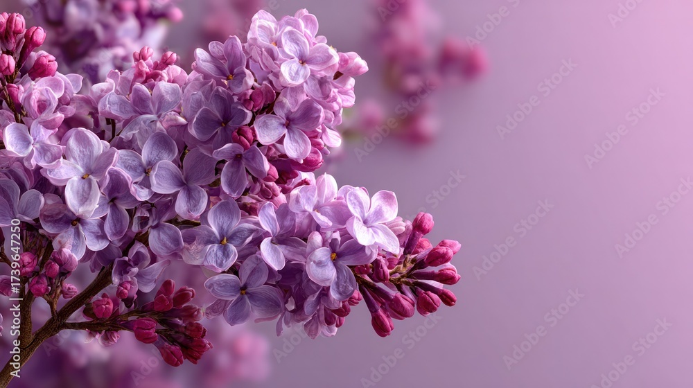 Fototapeta premium Close-up of a vibrant cluster of pink and purple lilac flowers in full bloom against a soft purple background, showcasing detailed petals and natural beauty