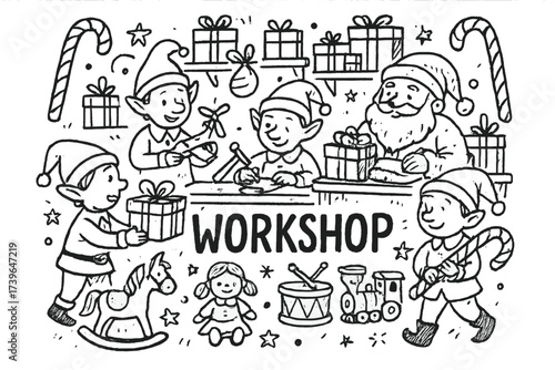 Santa's Workshop Magic. Hand-drawn santa workshop with elves, toys, and candy canes, center word “Workshop” in black and white