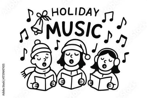 Holiday Carol Doodle. Doodle holiday music with carol singers, notes, and bells, center word “Music” in black and white isolated