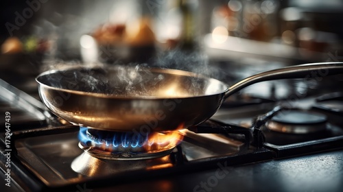 Steaming skillet is on the gas stove burner with blue flames under it. Perfect for cooking concepts, food blogs or kitchen safety articles.