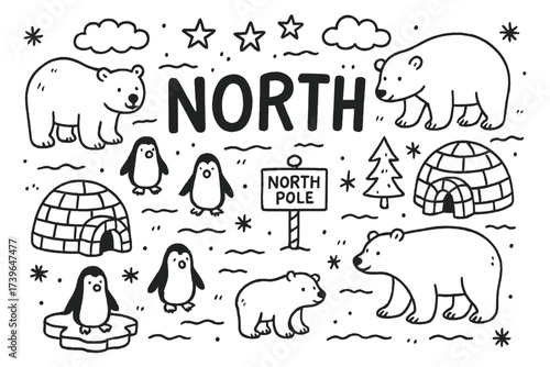 North Pole Doodle. Doodle north pole scene with penguins, igloos, and polar bears, center word “North” in black and white isolated