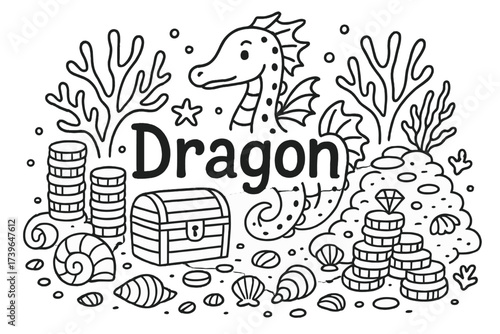 Sea Dragon Doodle. Doodle sea dragon with treasure piles, shells, and corals, center word “Dragon” in black and white isolated