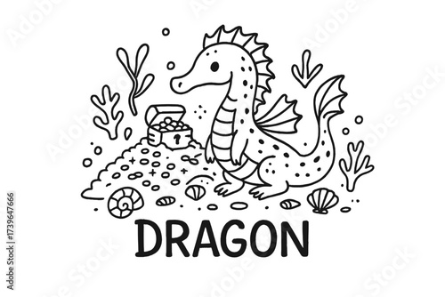 Sea Dragon Doodle. Doodle sea dragon with treasure piles, shells, and corals, center word “Dragon” in black and white isolated