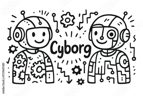 Cyborg Friends Doodle. Doodle cyborg friends with helmets, circuits, and gears, center word “Cyborg” in black and white isolated