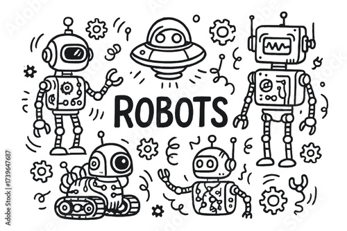Futuristic Robot Doodles. Doodle futuristic robots with gears, wires, and antennas, center word “Robots” in black and white