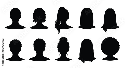 Vector illustration of collection of black silhouettes of diverse hairstyles and head shapes