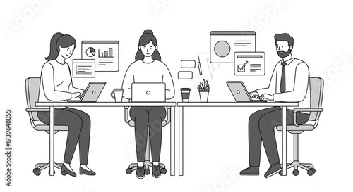 Monochrome line art illustration of a business team collaborating in a modern office, working on laptops with data analytics interfaces